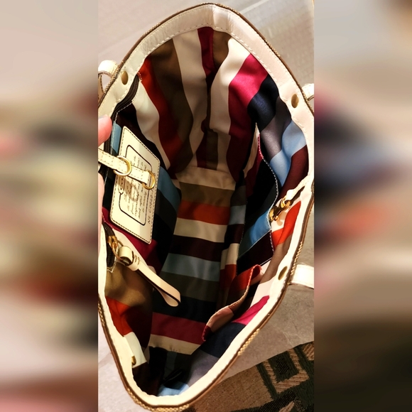 Coach Signature C Shoulder Tote Bag w/ Satin Stripe & Leather Trim 14" X 10" - Picture 9 of 14